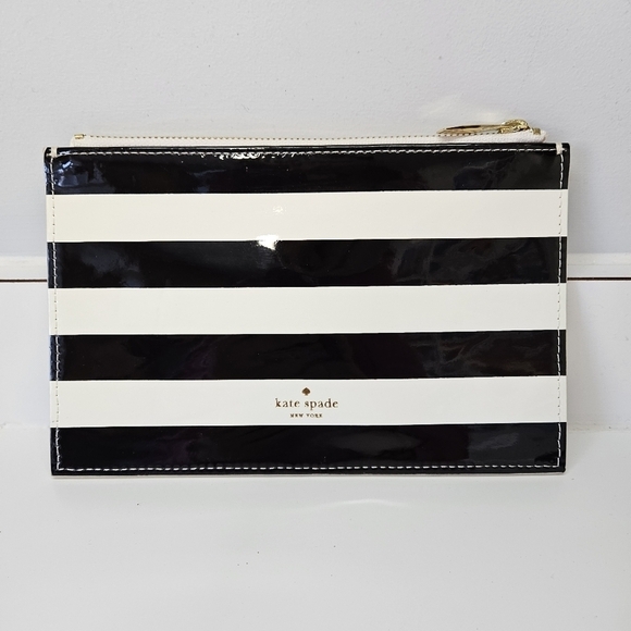 Kate Spade Black & White Stripe Patent Travel Pencil Cosmetic Case - Picture 1 of 6